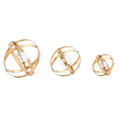 Metal Geometric Orb Decorative Sculpture with Acrylic Center - Set of 3 Gold or Silver - Roche River Decor