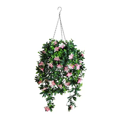 34-in UV Resistant Artificial Azalea Hanging Basket (Indoor/Outdoor) - Green