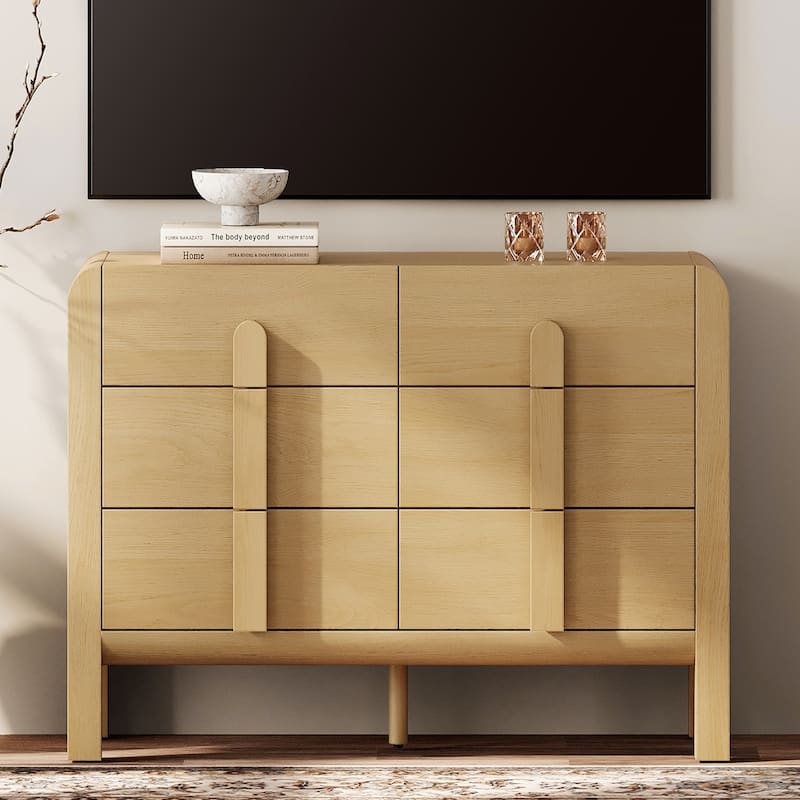 WAMPAT Modern 6 Drawer Dresser TV Stand For 55 Inch TV, Curved Entertainment Center, Wood TV Console With Storage - Oak