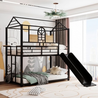 Black Twin/Twin Metal Bunk Bed with Slide and Attached Ladders - Bed ...