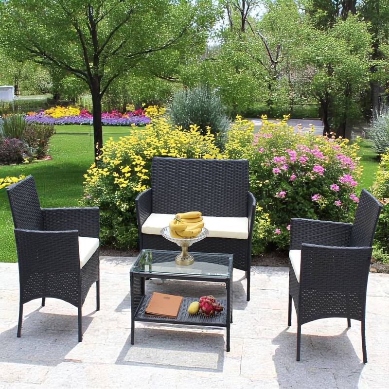 Outdoor Wicker Patio Furniture Set with Loveseat, Armchairs, and Table -Outdoor Patio Cushioned Seat Wicker Sofa