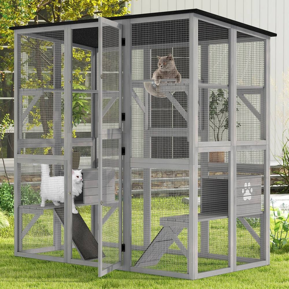 Cat House Outdoor Catio Enclosure Wooden Cat Cage Playpen with Platform - Grey
