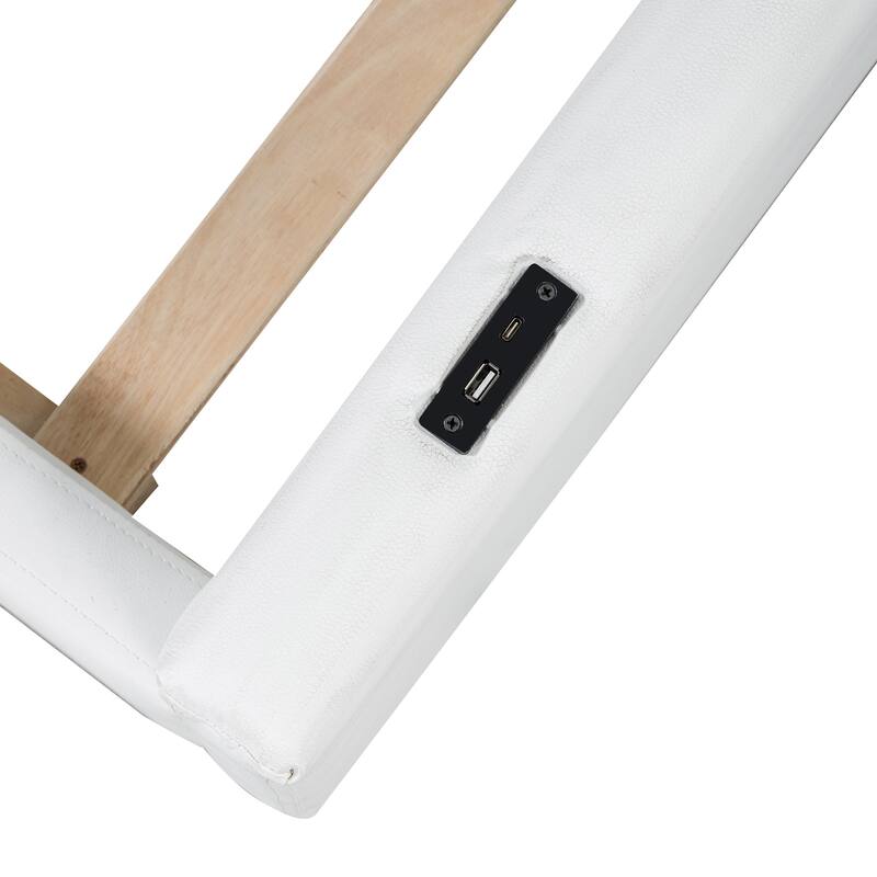 Twin Upholstered Platform Bed with Guardrail and Charging Station, White