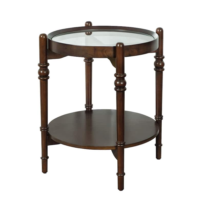 Modern Round Glass End Table – Dual-Level Design with Decorative Wooden Shelf