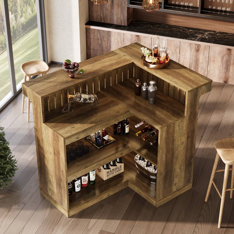 Home Bar Unit, Corner Liquor Bar Table with Storage Shelves & Wine Glass Holder, Pub Reception Accent Cabinet Desk