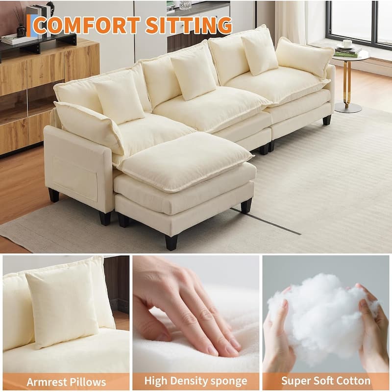 112.2" Sectional Cloud Couch, Modular Sectional Couches Sofa for Living Room with Movable Ottoman, 3-Seater Chenille