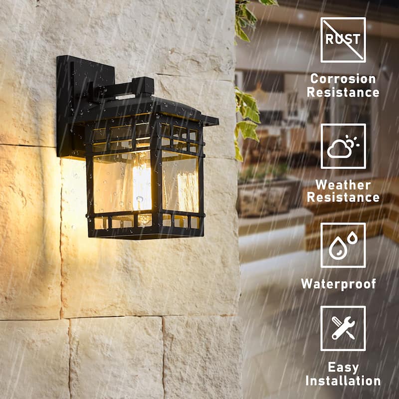 Outdoor wall Light - Modern Outdoor wall Sconce Lantern for House Garage, Black Finish with Seeded Glass Shade