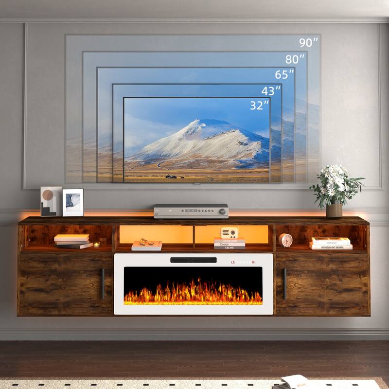 BOSSIN 80" Floating TV Stand with 36" Electric Fireplace, High Gloss Finish Wall Mounted Fireplace TV Stand with Storage