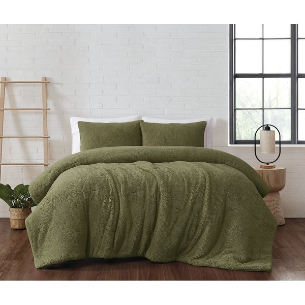slide 2 of 7, Brooklyn Loom Marshmallow Sherpa Comforter Set Olive Green - King