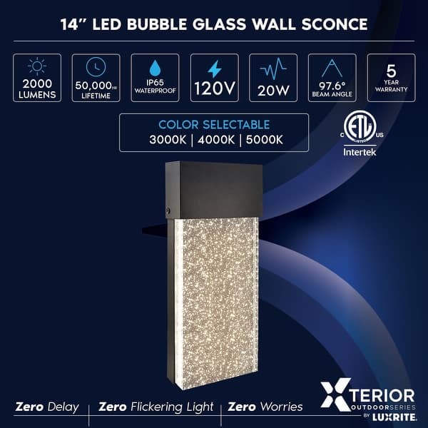 LUXRITE 16-Inch Outdoor Wall Sconce - 3CCT Adjustable LED Light With IP65 Rating For Porch & Patio