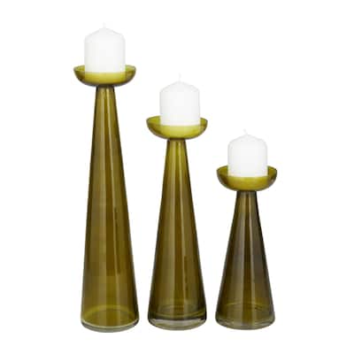 Glass Tapered Cone Candle Holder with Rounded Candle Plates - Set of 3 Green, Gold, Clear - Roche River Decor