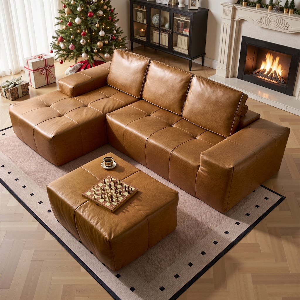 HOOOWOOO Mid-Century Modern Upholstery Fabric L-shaped Sectional Sofa Couch with Ottoman