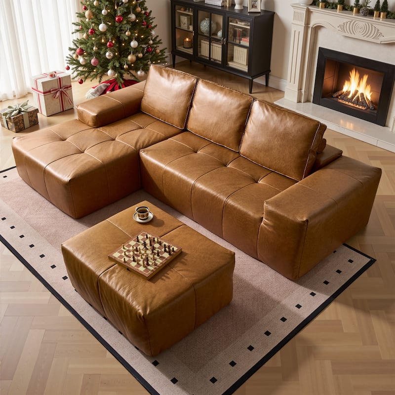 HOOOWOOO Mid-Century Modern Upholstery Fabric L-shaped Sectional Sofa Couch with Ottoman - Brown-Left Chaise