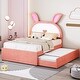 preview thumbnail 54 of 68, LED Rabbit Kids Bed Velvet Upholstered Platform Bed Fairytale Animals Theme Bed with Trundle and 3 Drawers, 12pcs+12pcs Slats Pink - Full