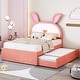 preview thumbnail 18 of 32, Velvet Twin Platform Bed with Trundle and Storage Drawers, Rabbit-Shaped Headboard Pink