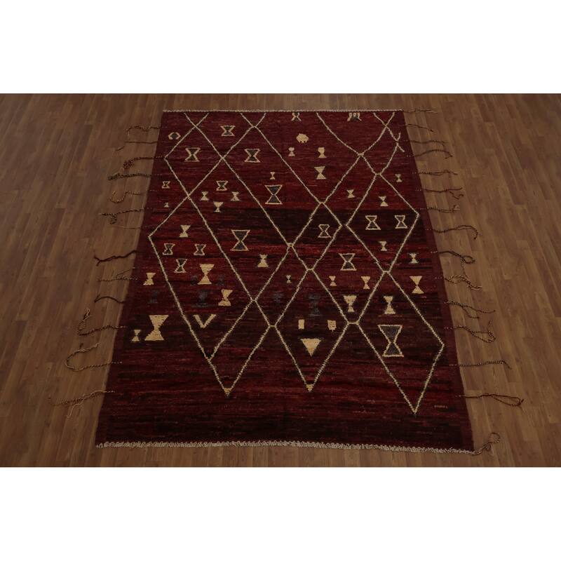 Hand Knotted Oriental 100% Wool Carpet Modern Tribal Red Moroccan Area Rug - 9' 9'' X 7' 0''
