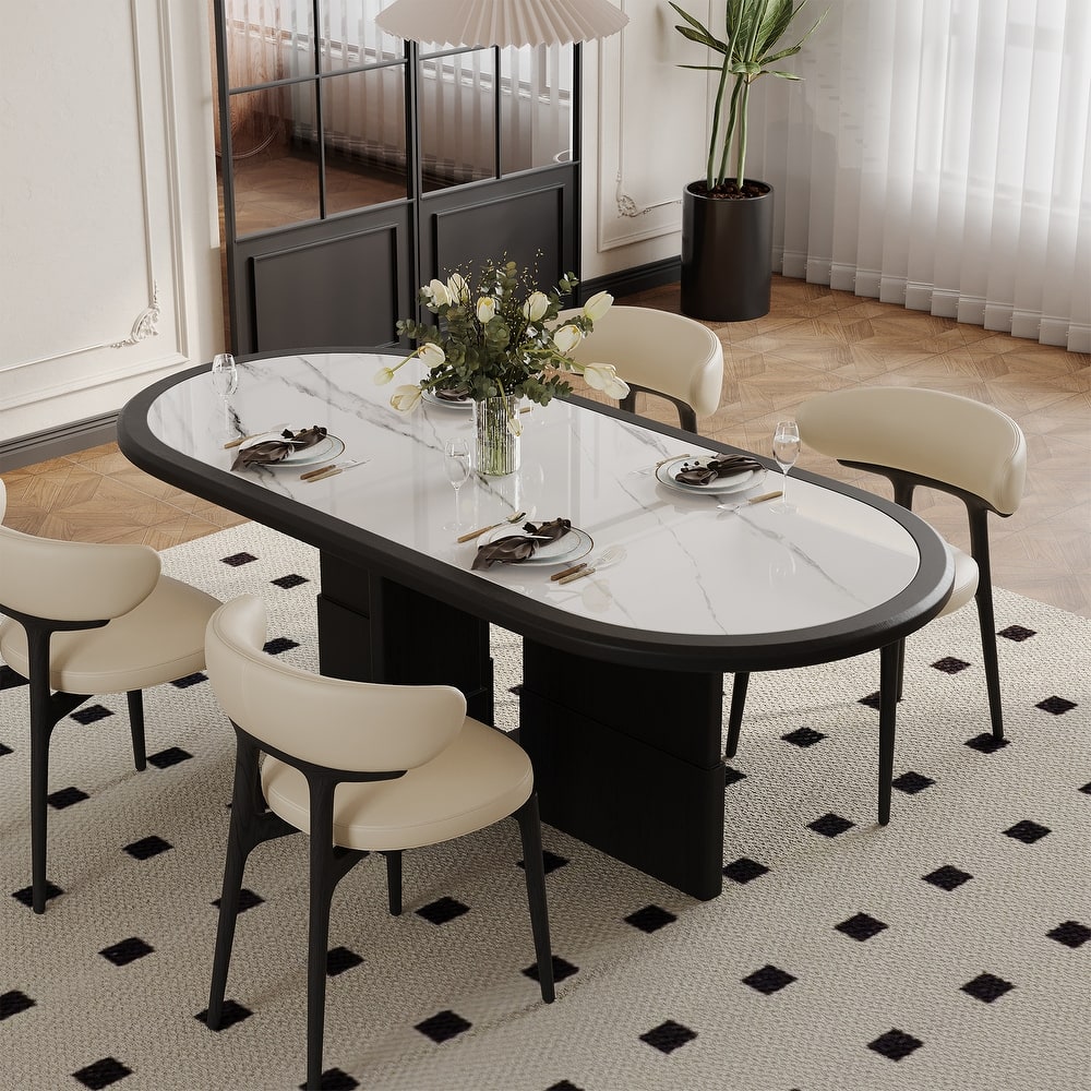 Modern 78.74" Oval Black Dining Table, Solid Wood Veneer, With White Sintered Stone Table top for 8