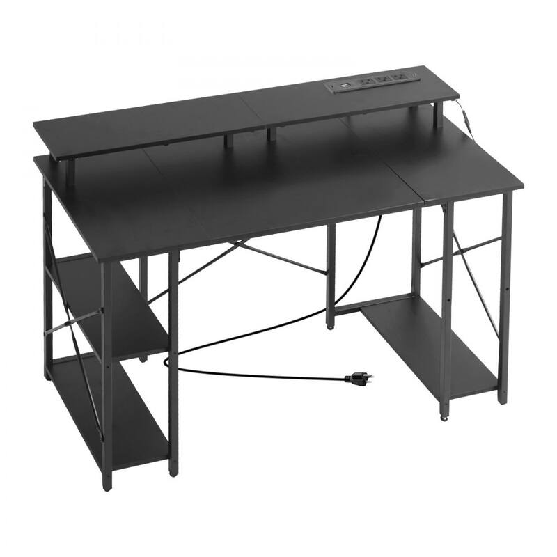 47" Black Computer Desk with RGB Lighting and Built-In Power Strip USB Ports Adjustable Storage Shelf