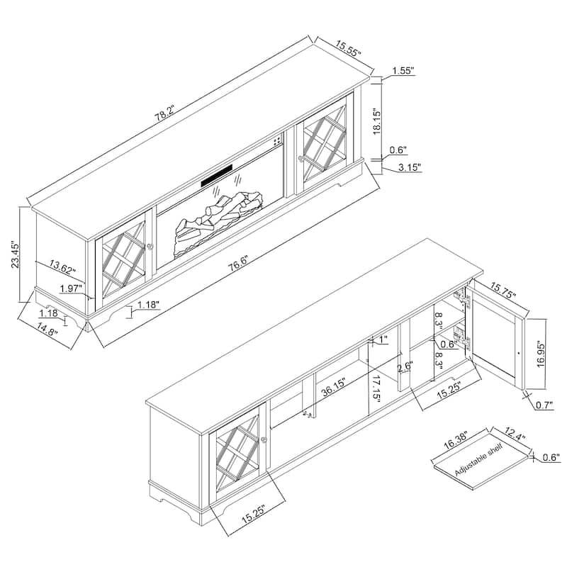 78" TV Stand with 36" Fireplace for up to 400sq ft - 78"W x 23.5"H x 15.5"D