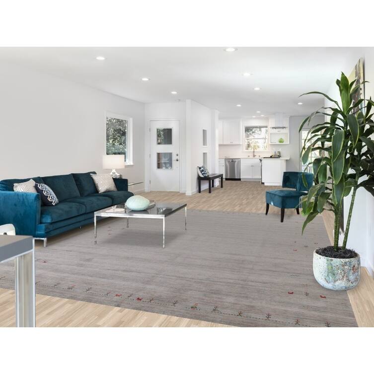 Striped Beige Gabbeh Oriental Area Rug Hand-Knotted Wool Carpet - 9'0"x 11'9"