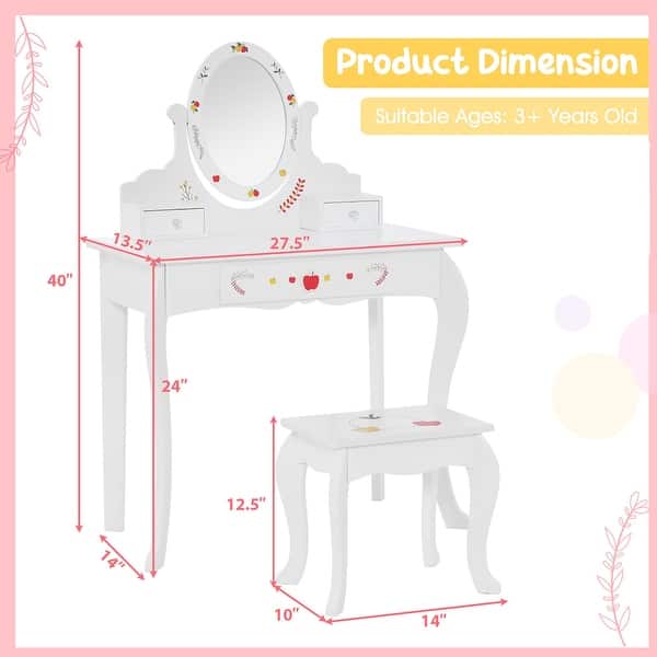 Gymax Kid Vanity Table Stool Set Dual-use Rotatable Mirror Whiteboard