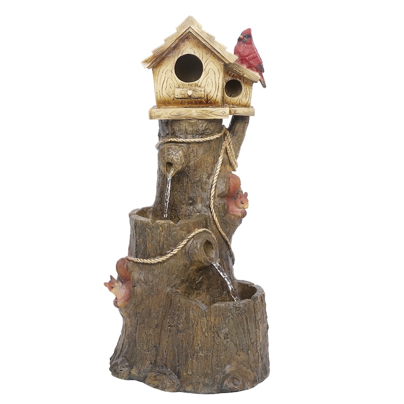 Alpine Corporation ZEN552 24" Outdoor Multitiered Tree & Cardinal Birdhouse Fountain - Rustic Water Feature for Patio & Garden - 24