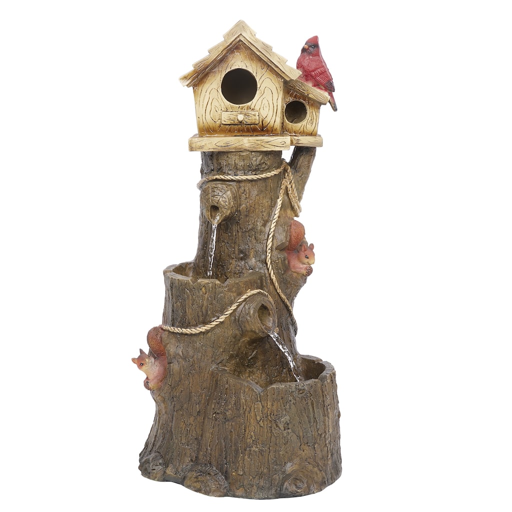 Alpine Corporation ZEN552 24" Outdoor Multitiered Tree & Cardinal Birdhouse Fountain - Rustic Water Feature for Patio & Garden