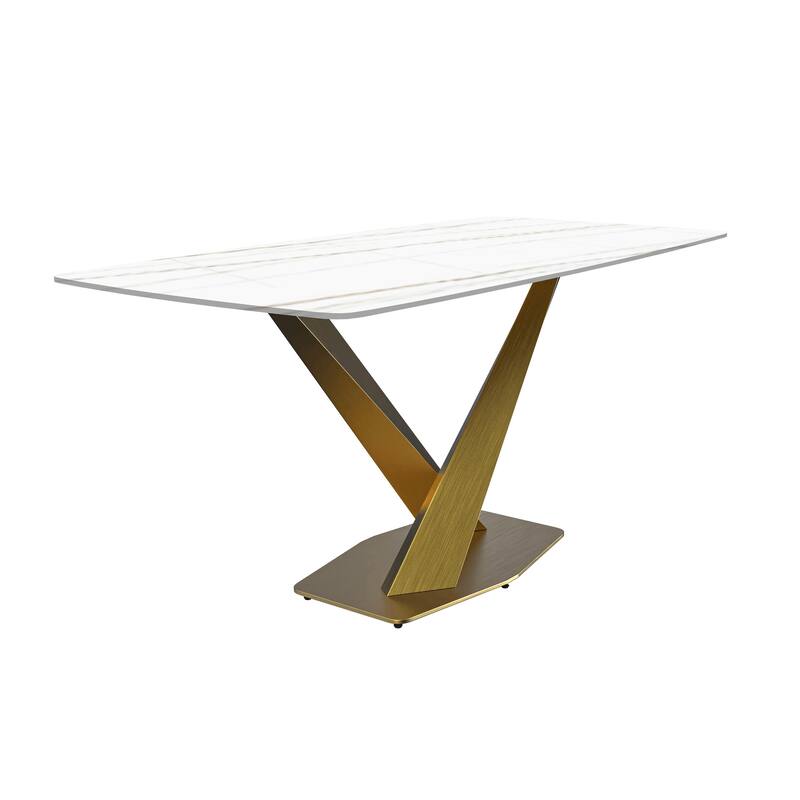 Voren Dining Table with Rectangular Top and Stainless Steel Base - 55 Inch - White/Gold
