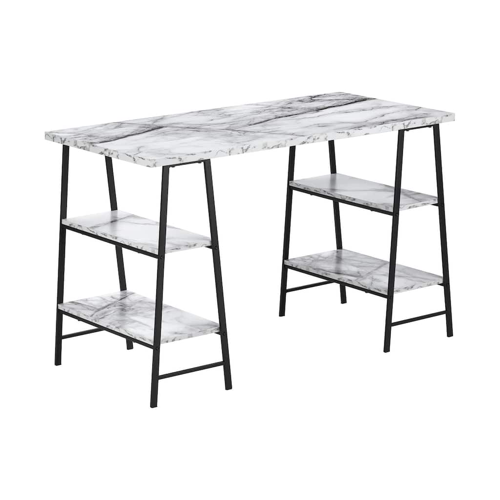Computer Desk, Home Office, Laptop, Storage Shelves, 48"l, Work, White Marble Look Laminate, Black Metal, Contemporary