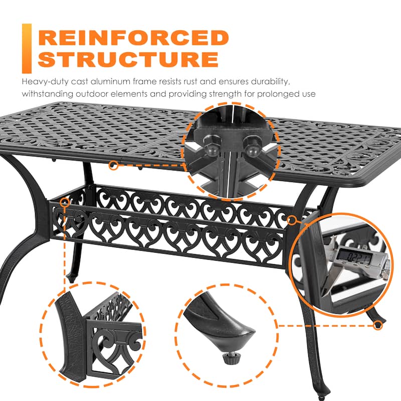 Outdoor Rectangle Cast Aluminum Dining Table with 2.09'' Umbrella Hole