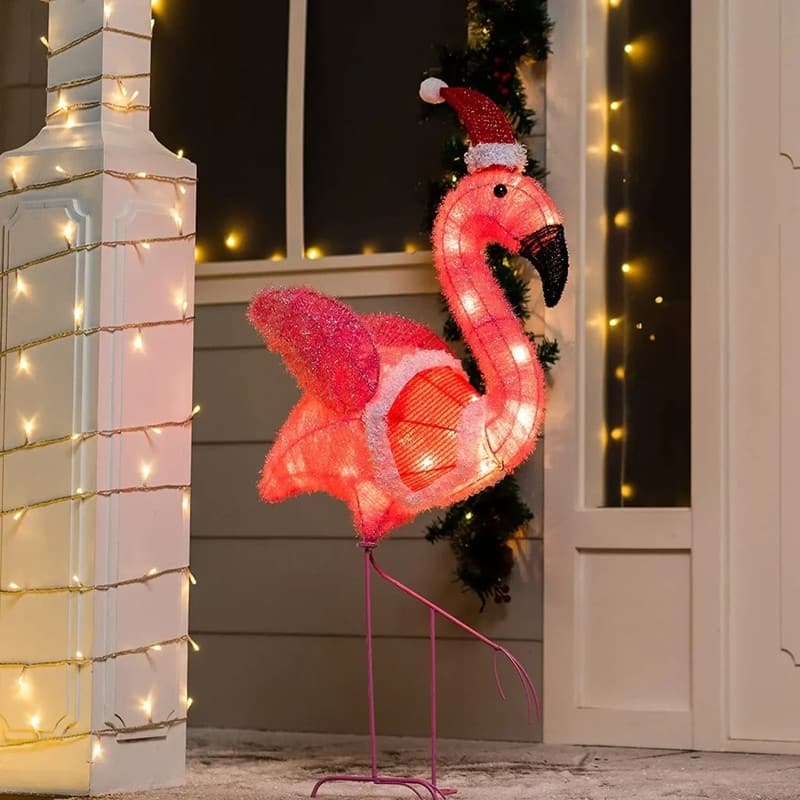 3FT Tall Multicolored Tinsel Flamingo with Christmas Hat Warm White LED Lights, Indoor Outdoor Christmas Decoration - Red