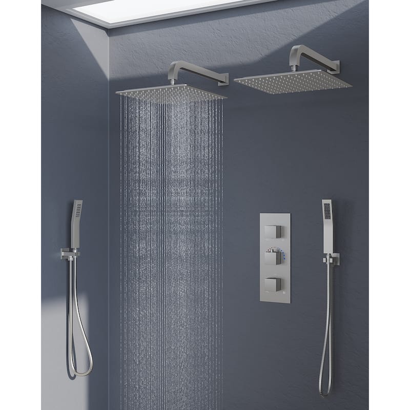 GRANDJOY 12 inch Wall Mounted Dual Shower Heads with Handheld Spray Combo Thermostatic High Pressure Shower System