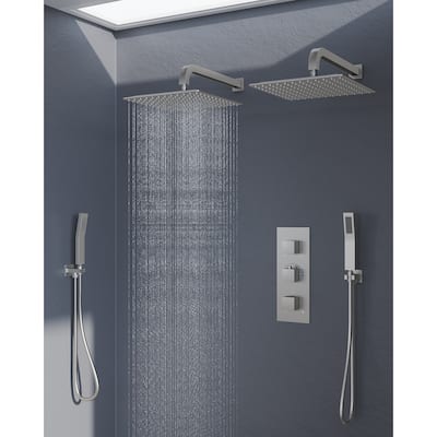 GRANDJOY 12 inch Wall Mounted Dual Shower Heads with Handheld Spray Combo Thermostatic High Pressure Shower System