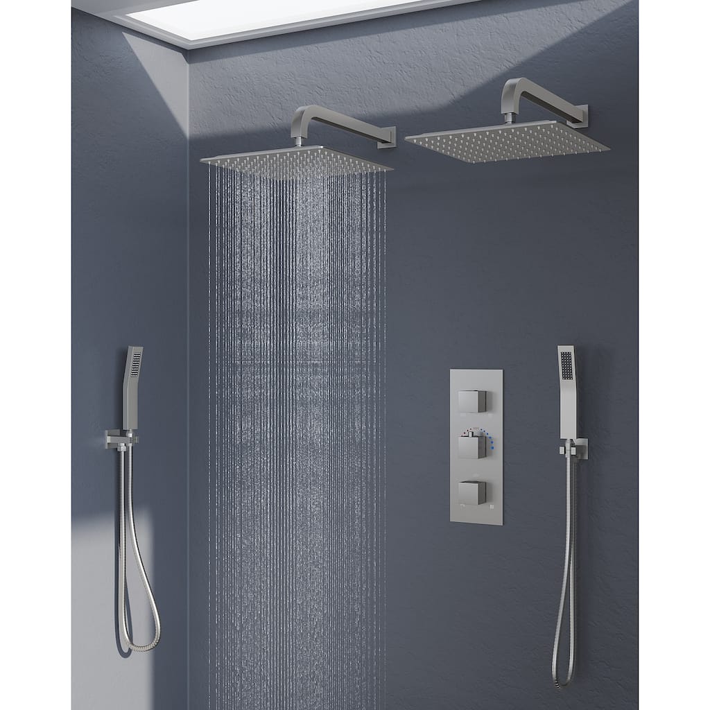 GRANDJOY 12 inch Wall Mounted Dual Shower Heads with Handheld Spray Combo Thermostatic High Pressure Shower System