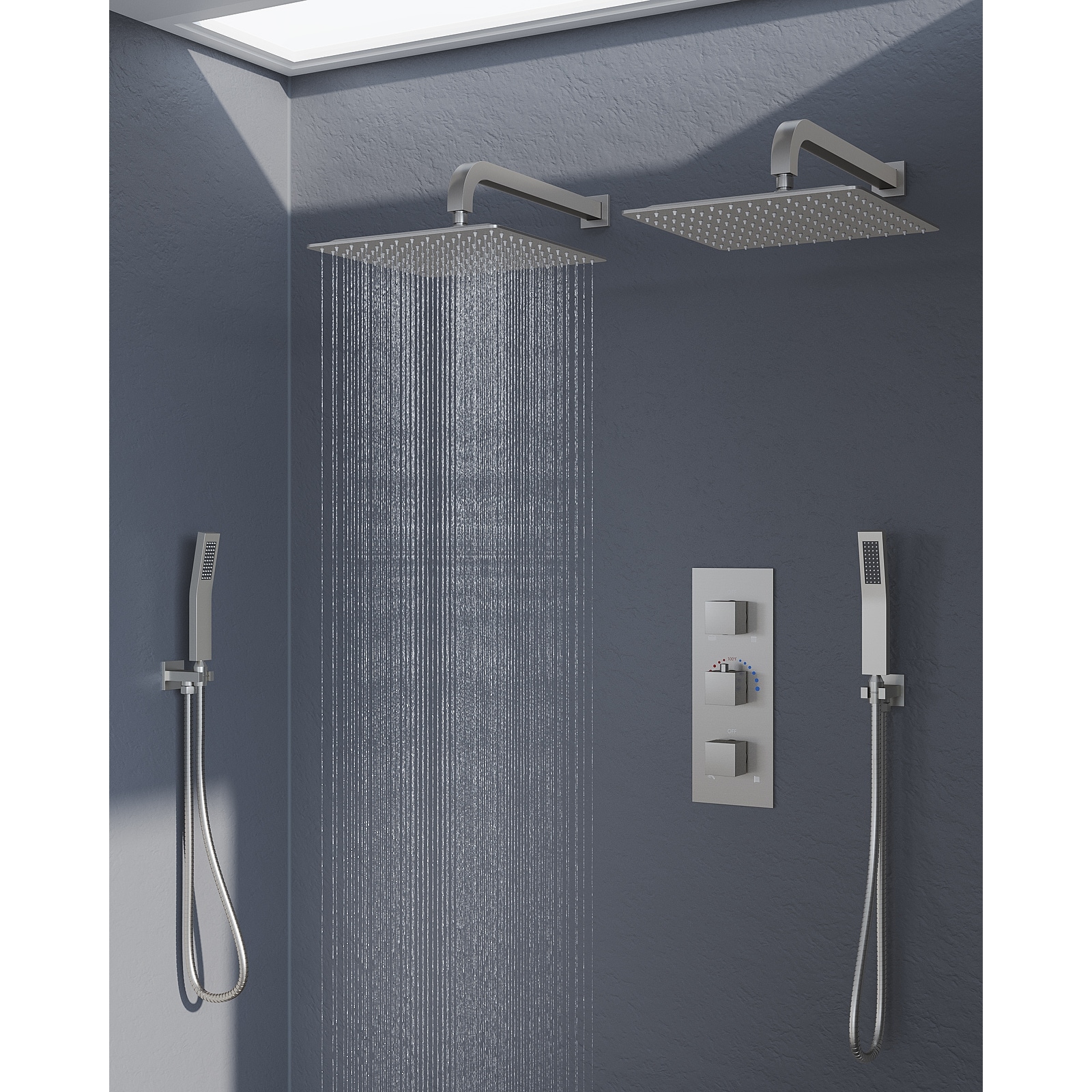 GRANDJOY 12 inch Wall Mounted Dual Shower Heads with Handheld Spray Combo Thermostatic High Pressure Shower System