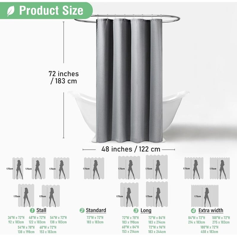 Waffle Textured Heavy Duty Thick Fabric Shower Curtain, Luxury Weighted Polyester Fabric Shower Curtain Set