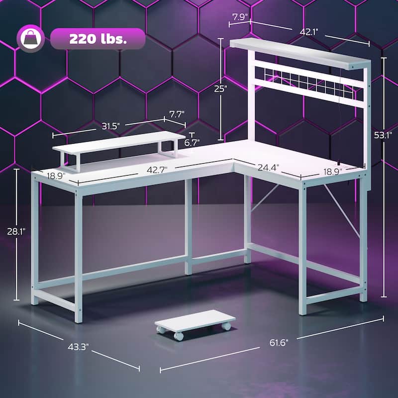 HOMCOM Gaming Desk, 62" L Shaped Desk with Power Outlets & LED Lights, 86" 2 Person Computer Table with Shelf
