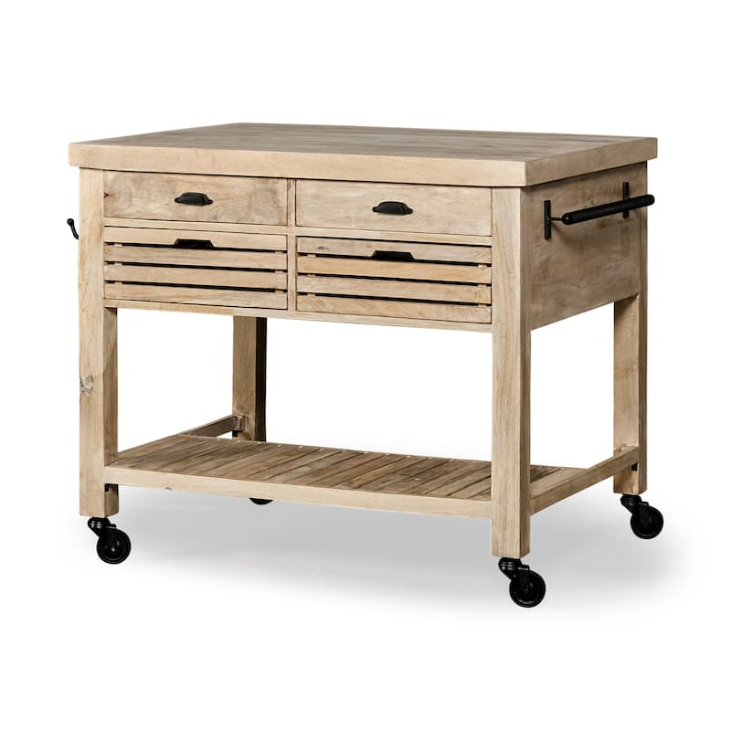 Columbia II Light Brown Base w/Black Iron, Rolling Kitchen Island - 46"W x 32"D x 36"H - Portable - Brown - Wood