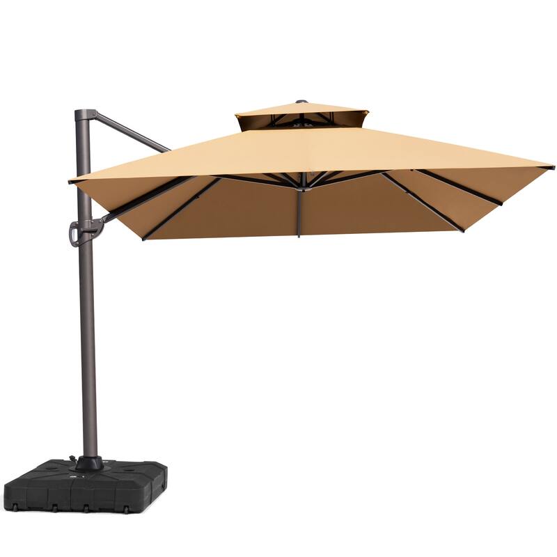 10X12.5 FT Outdoor Dual Top Patio Offset Umbrella 360 degrees Rotation with Base - Tan