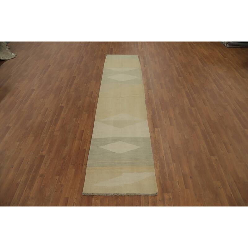 Hand Woven Oriental 100% Wool Carpet Southwestern Modern Multi-Colored Kilim Runner Rug - 11' 8'' X 2' 7''