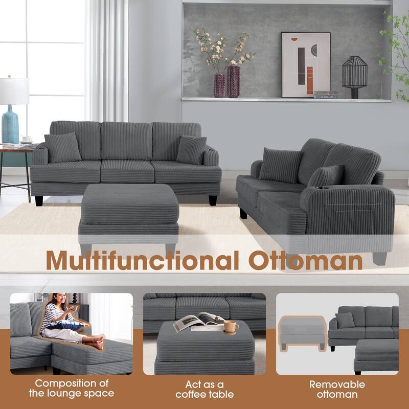Modern Fabric 3-piece Sectional Sofa Set with Loveseat and Storage Ottoman
