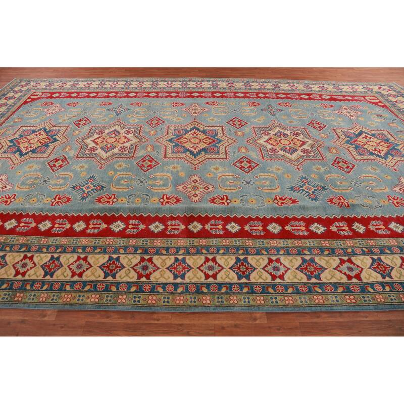 Hand Knotted Oriental 100% Wool Carpet Traditional Geometric Navy Blue & Blues Kazak Area Rug - 16' 3'' X 9' 10''