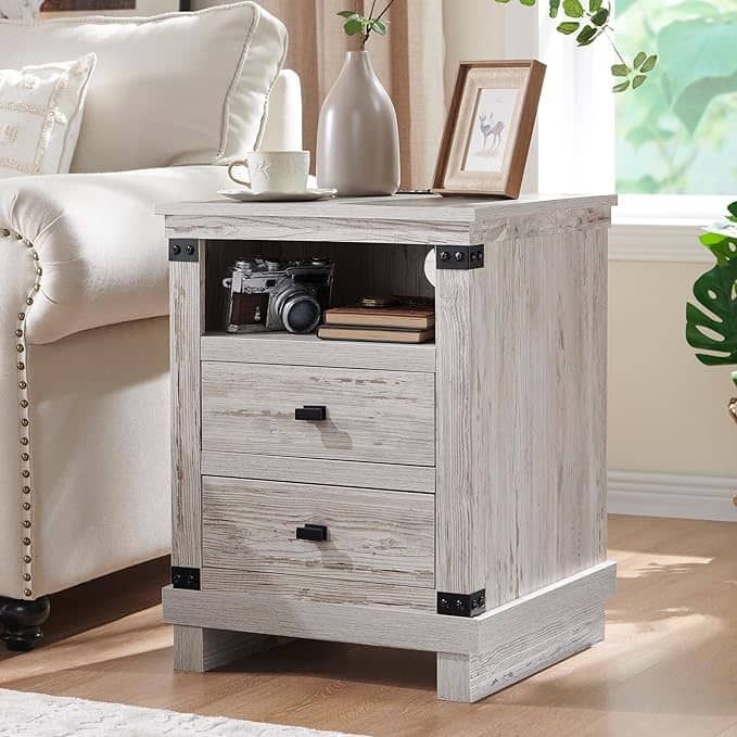 18" Farmhouse Nightstand with Charging Station, Night Stand, End Table - Antique Brushed White