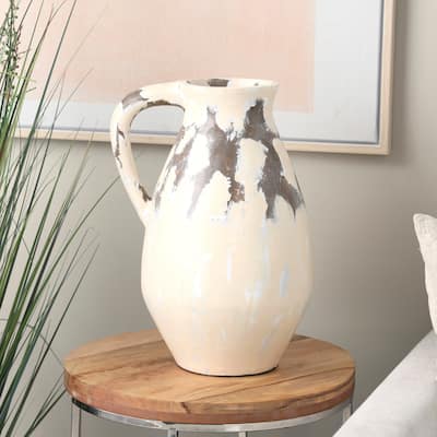Cream Ceramic Antique Style Pot Decorative Vase with Curved Handle