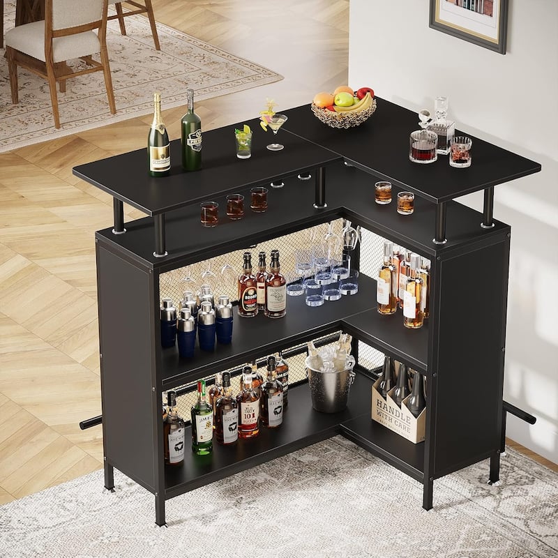 36" x 48" L-Shaped Home Bar Unit with Footrest 2-Tier Glass Shelves, Black
