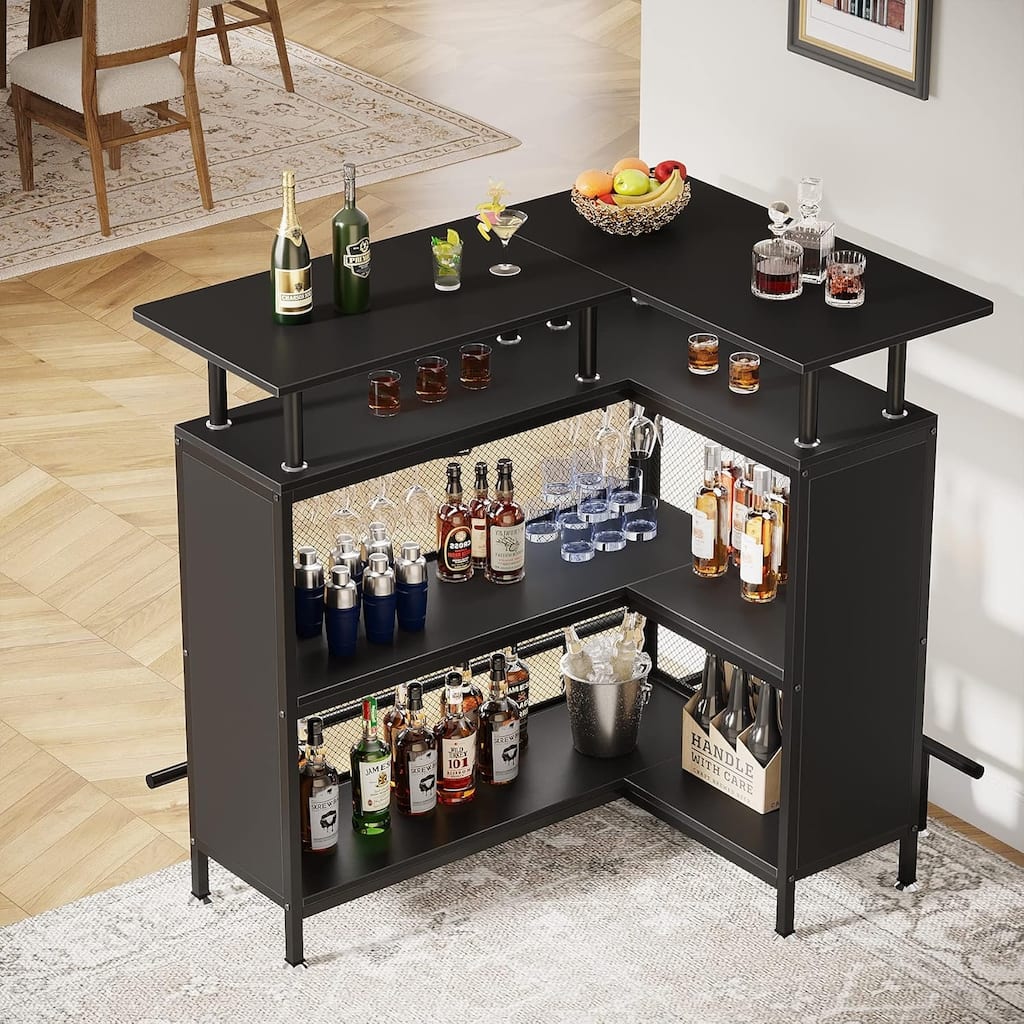 36" x 48" L-Shaped Home Bar Unit with Footrest 2-Tier Glass Shelves, Black