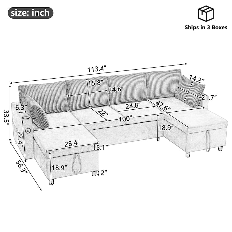 Chenille Sectional Sofa Convertible Sleeper Sofa, U Shaped Couch Sofa with 2 Storage Chaise Lounges and 2 Pillows