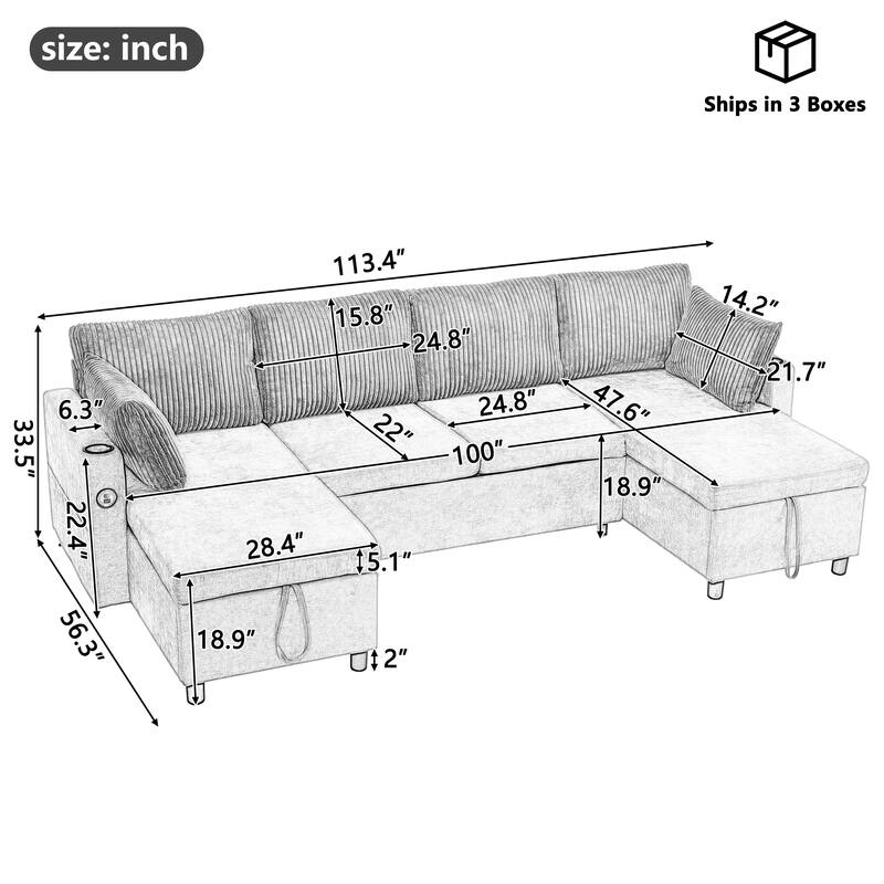 Roomfitters 113 Inch U-Shaped Sectional Sleeper Sofa with Storage Chaise and USB Ports, Chenille