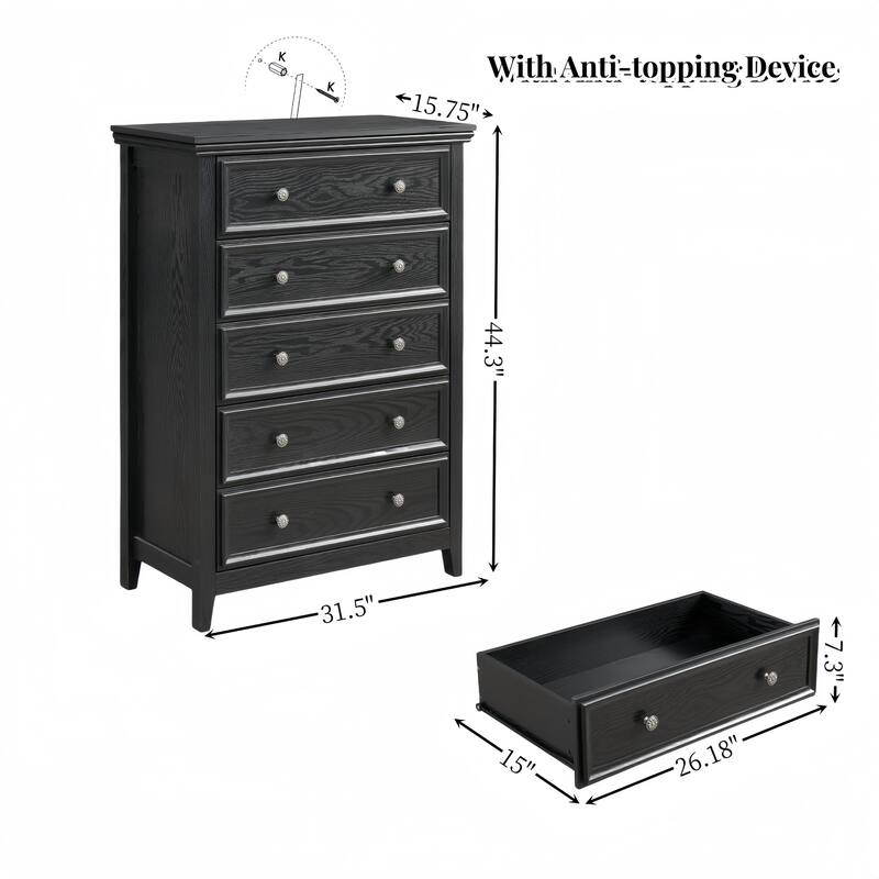 Farmhouse 5-Drawer Dresser with Smooth Metal Rails & Anti-Tipping Mechanism for Bedroom Storage