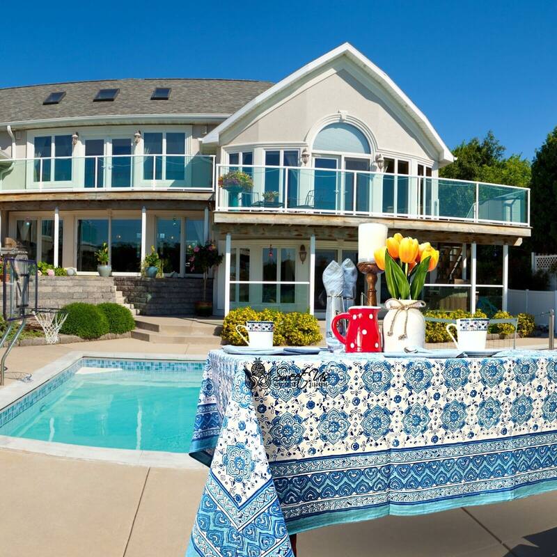 Cotton Springtime Splendor Tablecloth Collection, Ice Blue